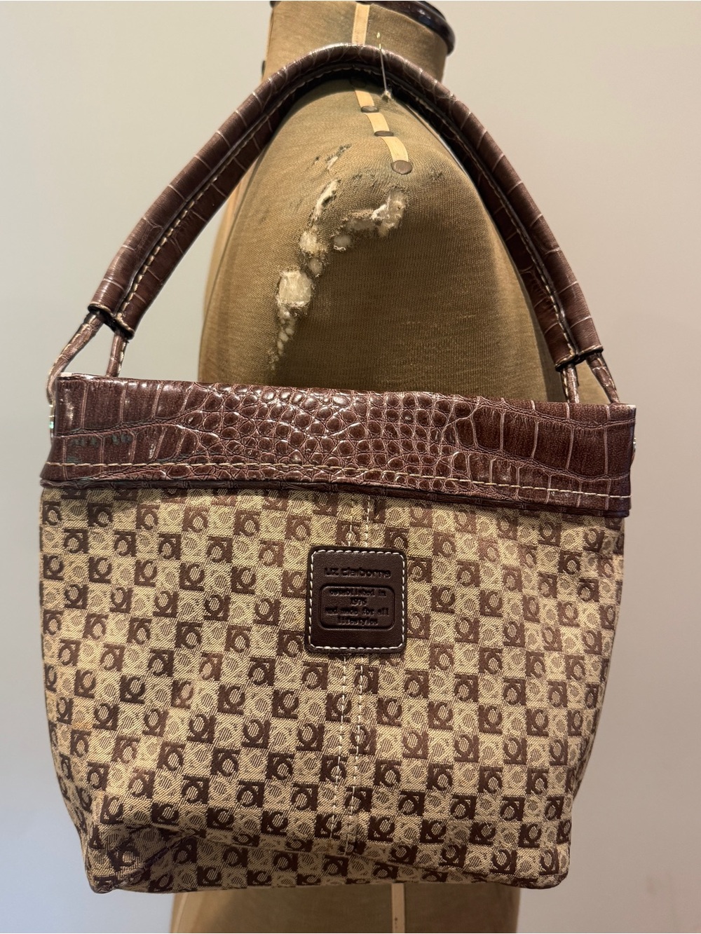 Vintage 90s Liz Claiborne Brown Croc-Trim Logo Shoulder Bag